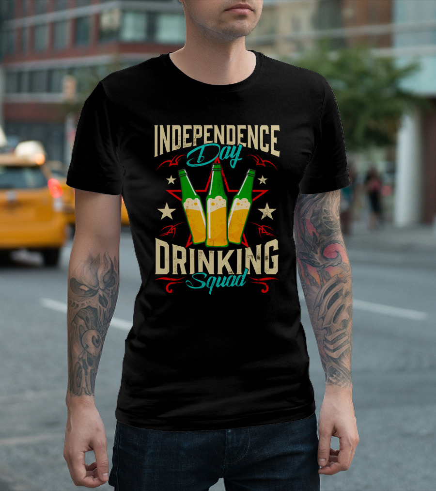 Independence Day Drinking Squad Beer Bottles Stars Red White Blue T-Shirt