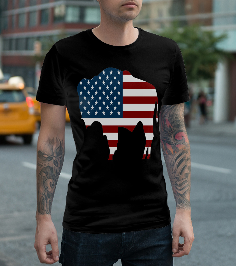 American Flag Bison Silhouette Patriotic T-Shirt