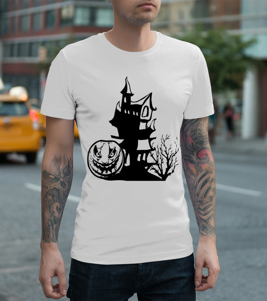 Haunted Halloween Pumpkin Mansion With Spooky Tree T-Shirt