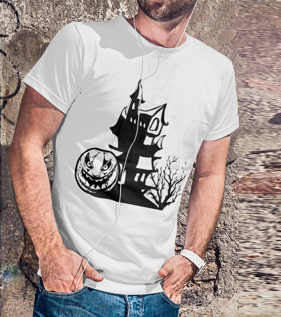 Haunted Halloween Pumpkin Mansion With Spooky Tree T-Shirt