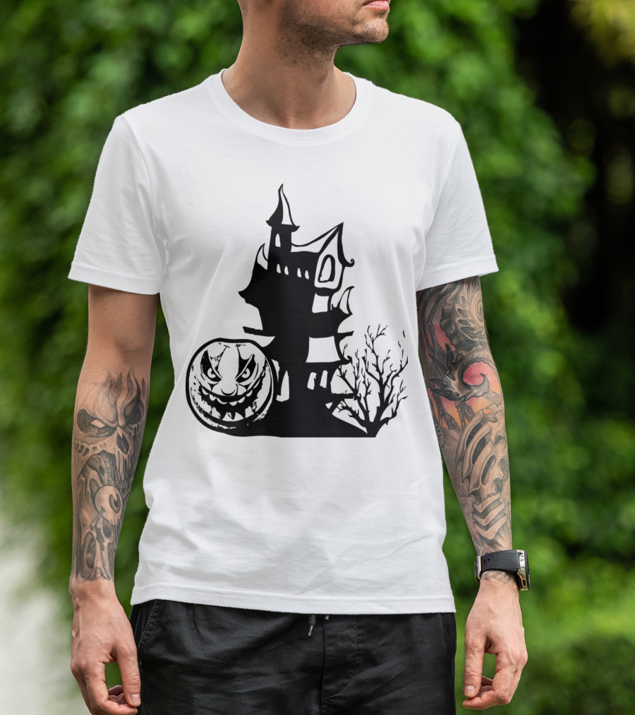 Haunted Halloween Pumpkin Mansion With Spooky Tree T-Shirt