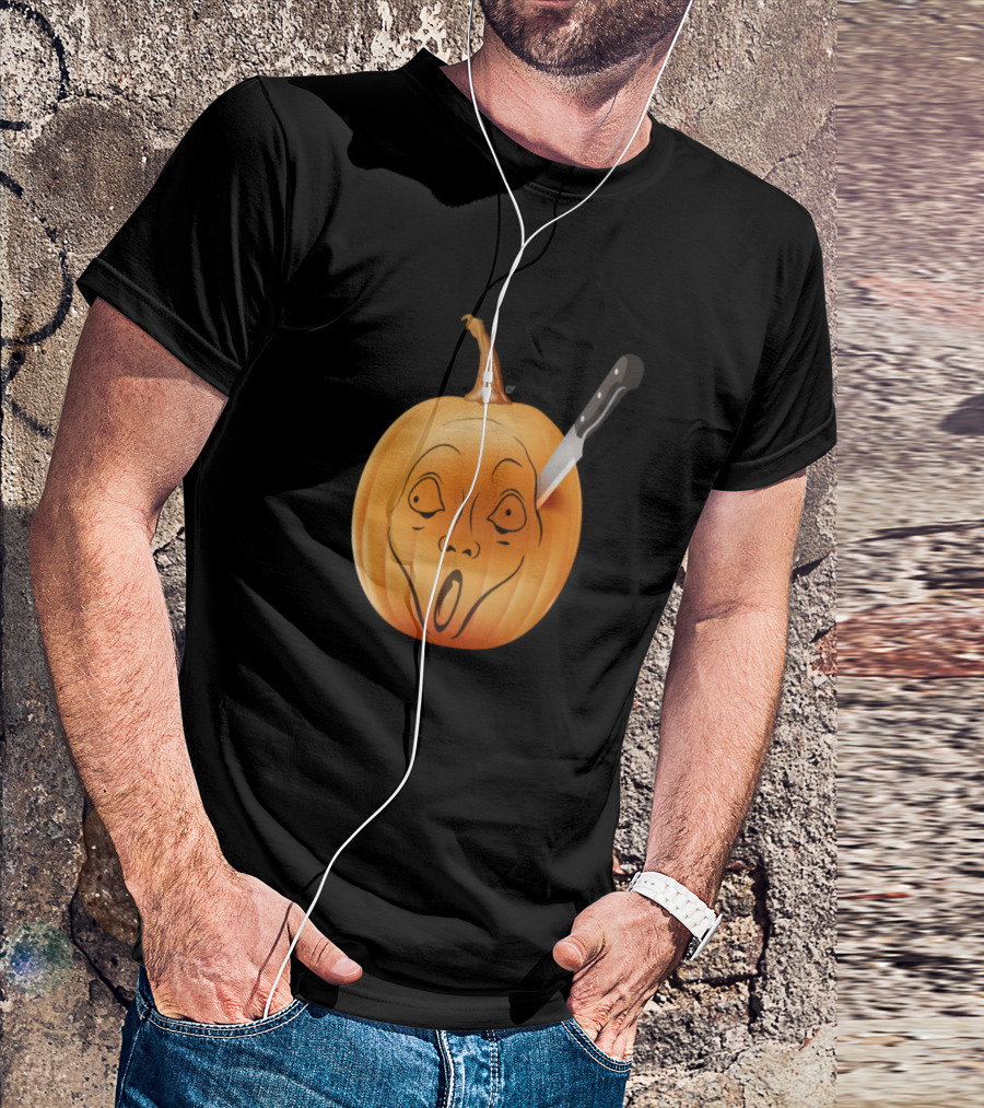Horror Icon Scream Face Pumpkin With Knife Halloween T-Shirt