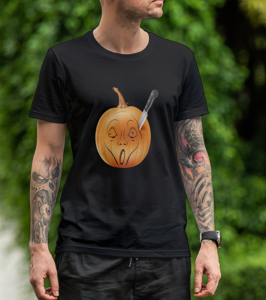 Horror Icon Scream Face Pumpkin With Knife Halloween T-Shirt