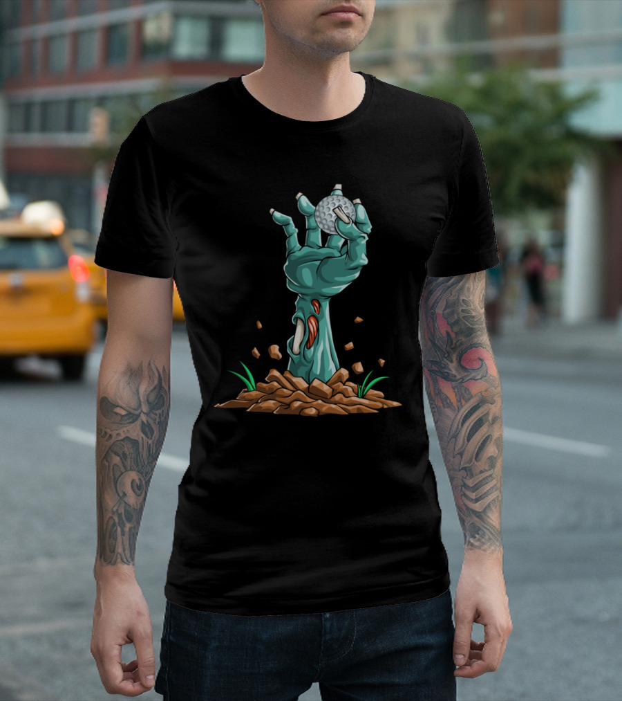Zombie Hand Holding Golf Ball Rising from the Ground Funny Halloween Horror T-Shirt