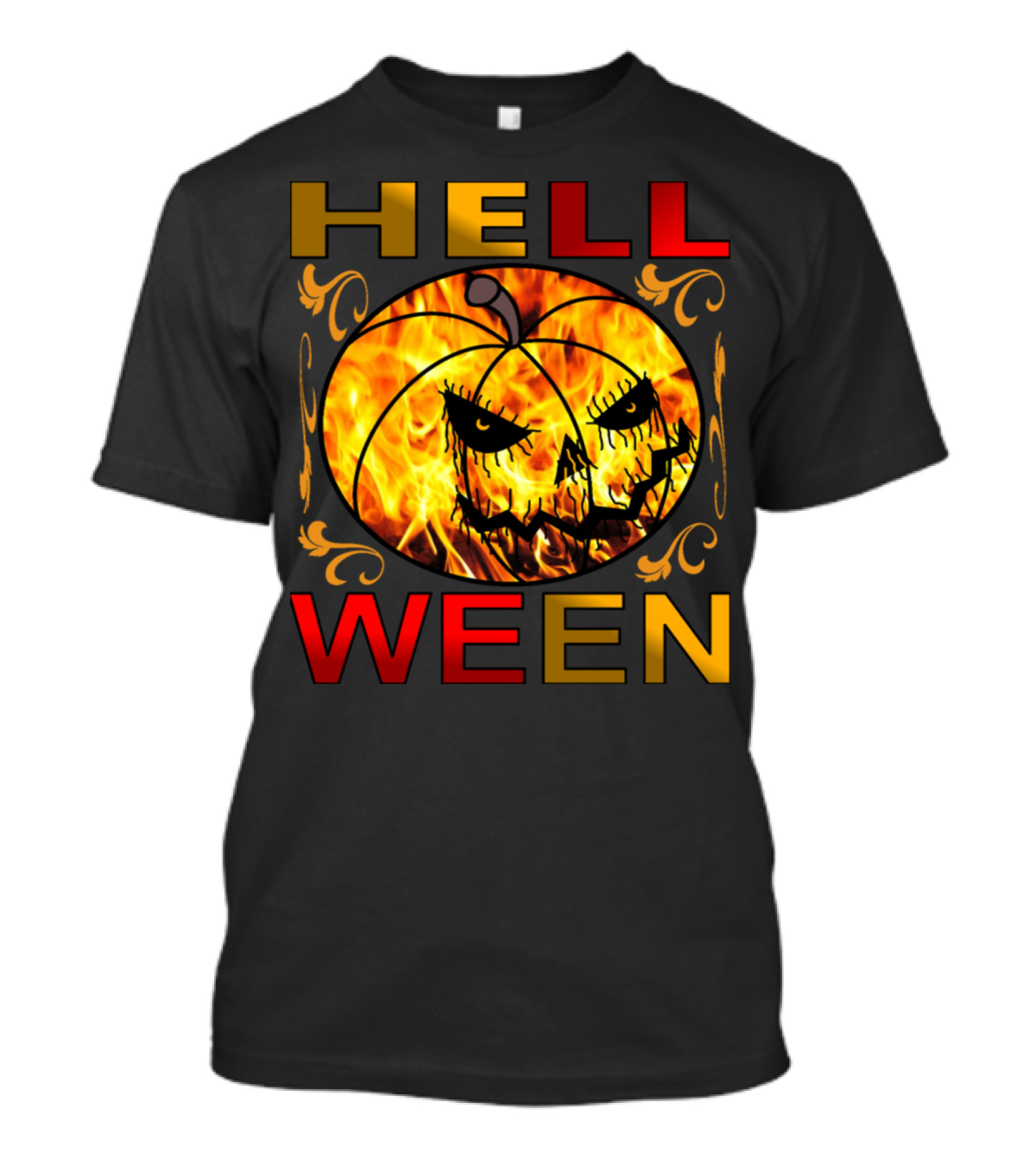 Helloween Flaming Jack-o'-Lantern With Golden Ornamental Flames And Bold Red Letters T-Shirt