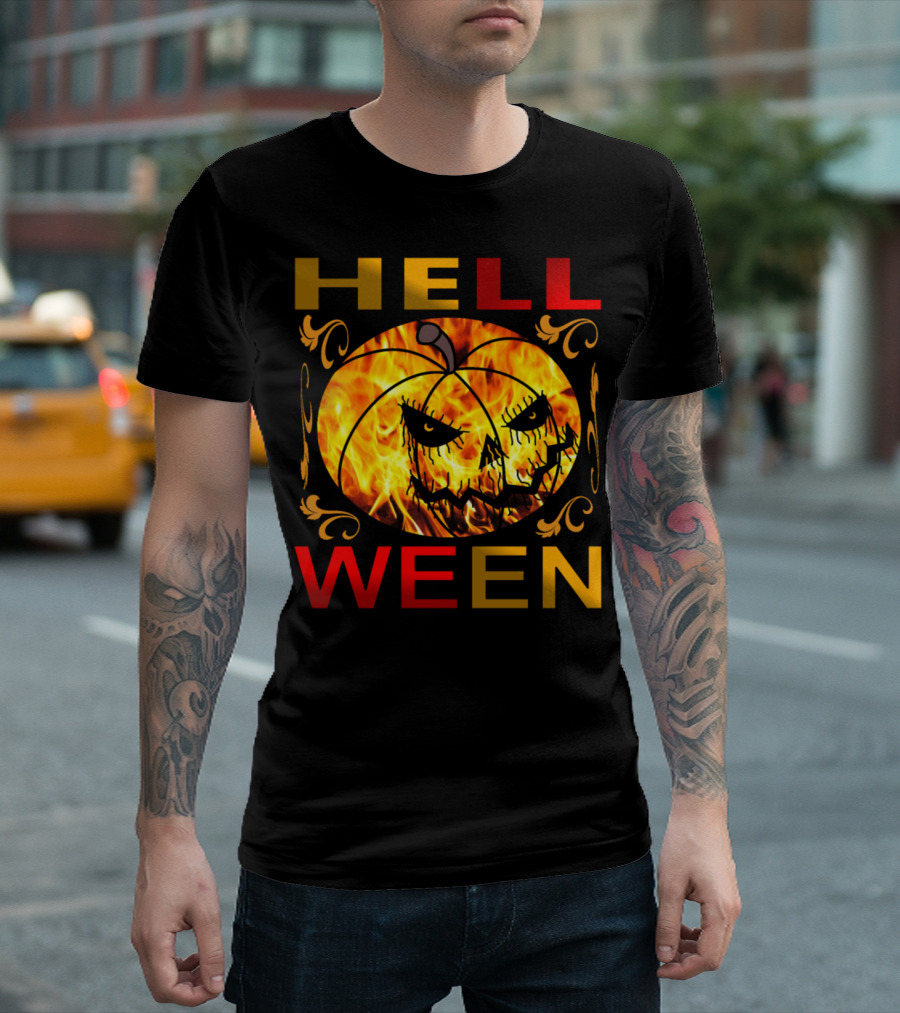 Helloween Flaming Jack-o'-Lantern With Golden Ornamental Flames And Bold Red Letters T-Shirt