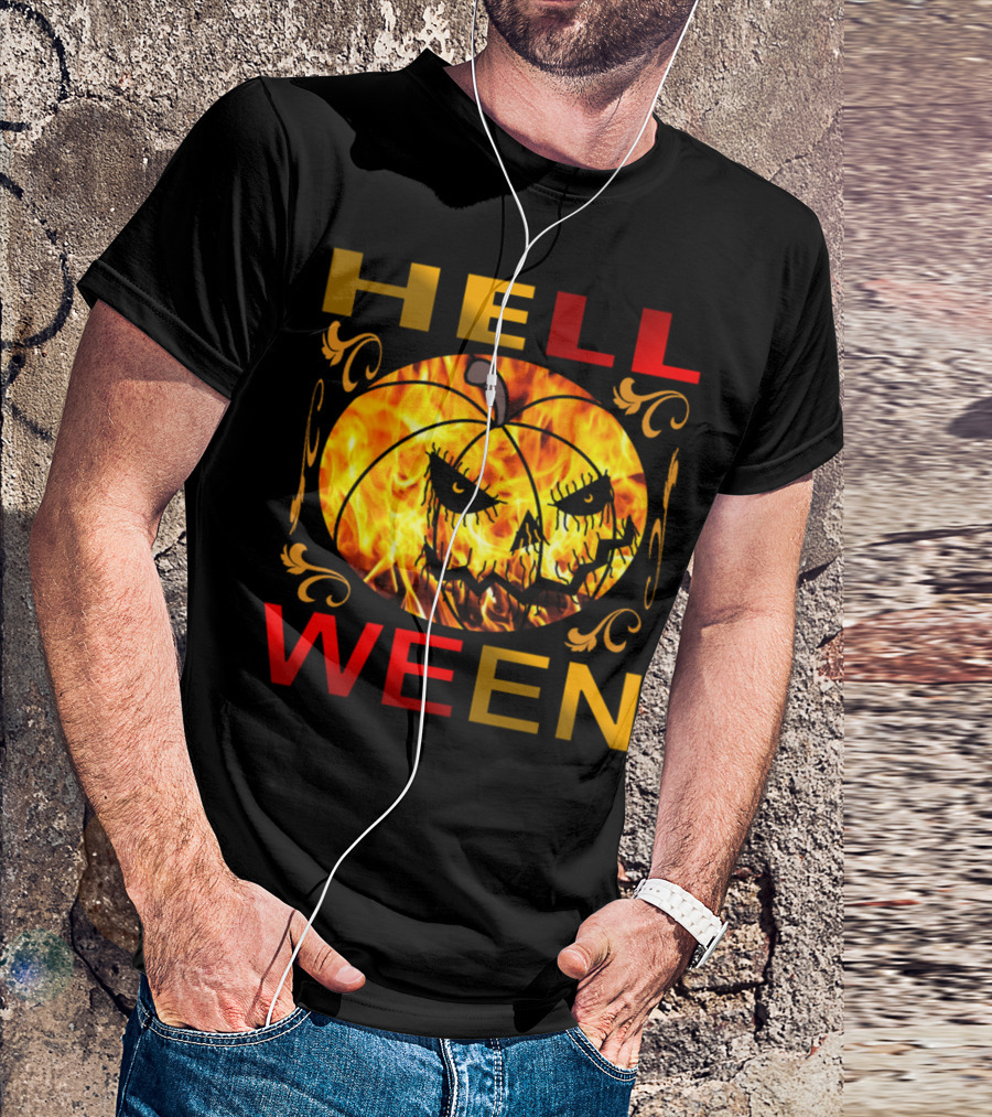 Helloween Flaming Jack-o'-Lantern With Golden Ornamental Flames And Bold Red Letters T-Shirt