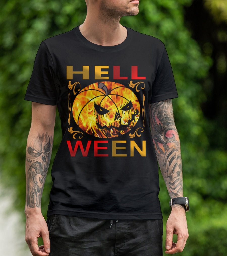 Helloween Flaming Jack-o'-Lantern With Golden Ornamental Flames And Bold Red Letters T-Shirt