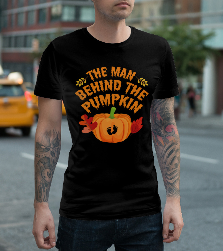 The Man Behind The Pumpkin With Baby Footprints New Dad Autumn Leaves T-Shirt