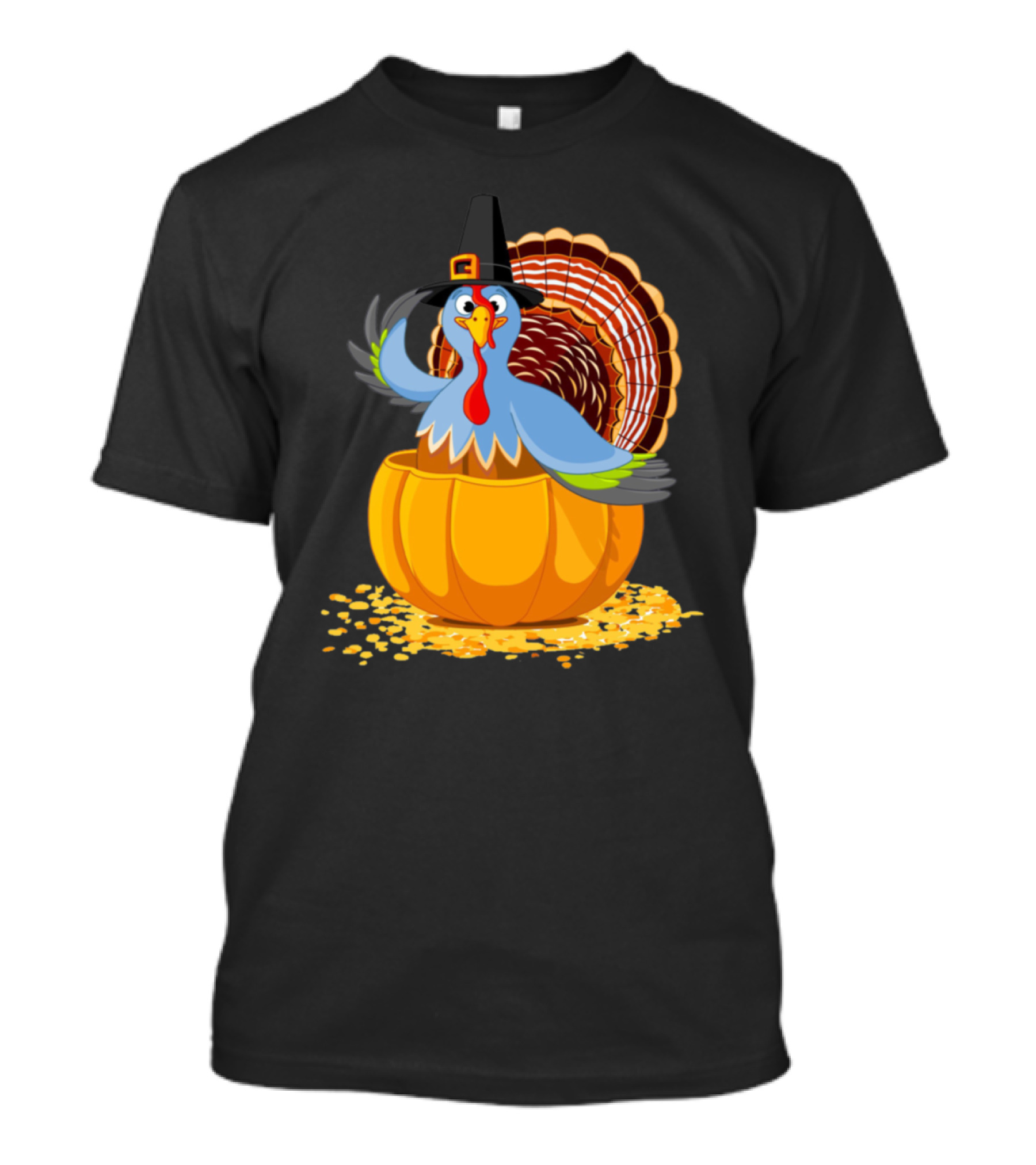 Thanksgiving Day Turkey Wearing Pilgrim Hat Inside Pumpkin T-Shirt