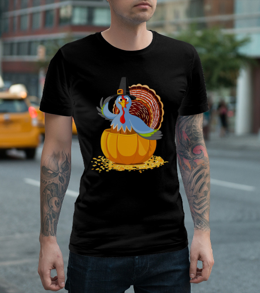 Thanksgiving Day Turkey Wearing Pilgrim Hat Inside Pumpkin T-Shirt