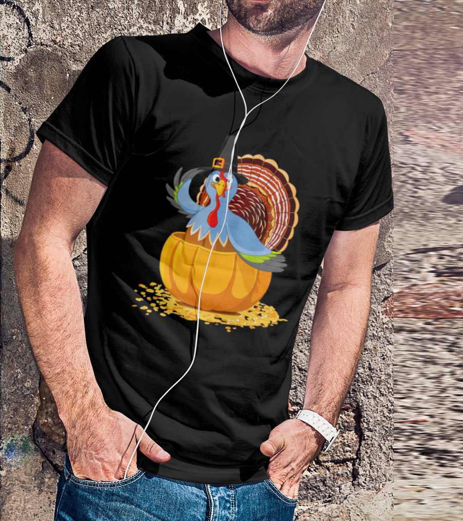 Thanksgiving Day Turkey Wearing Pilgrim Hat Inside Pumpkin T-Shirt