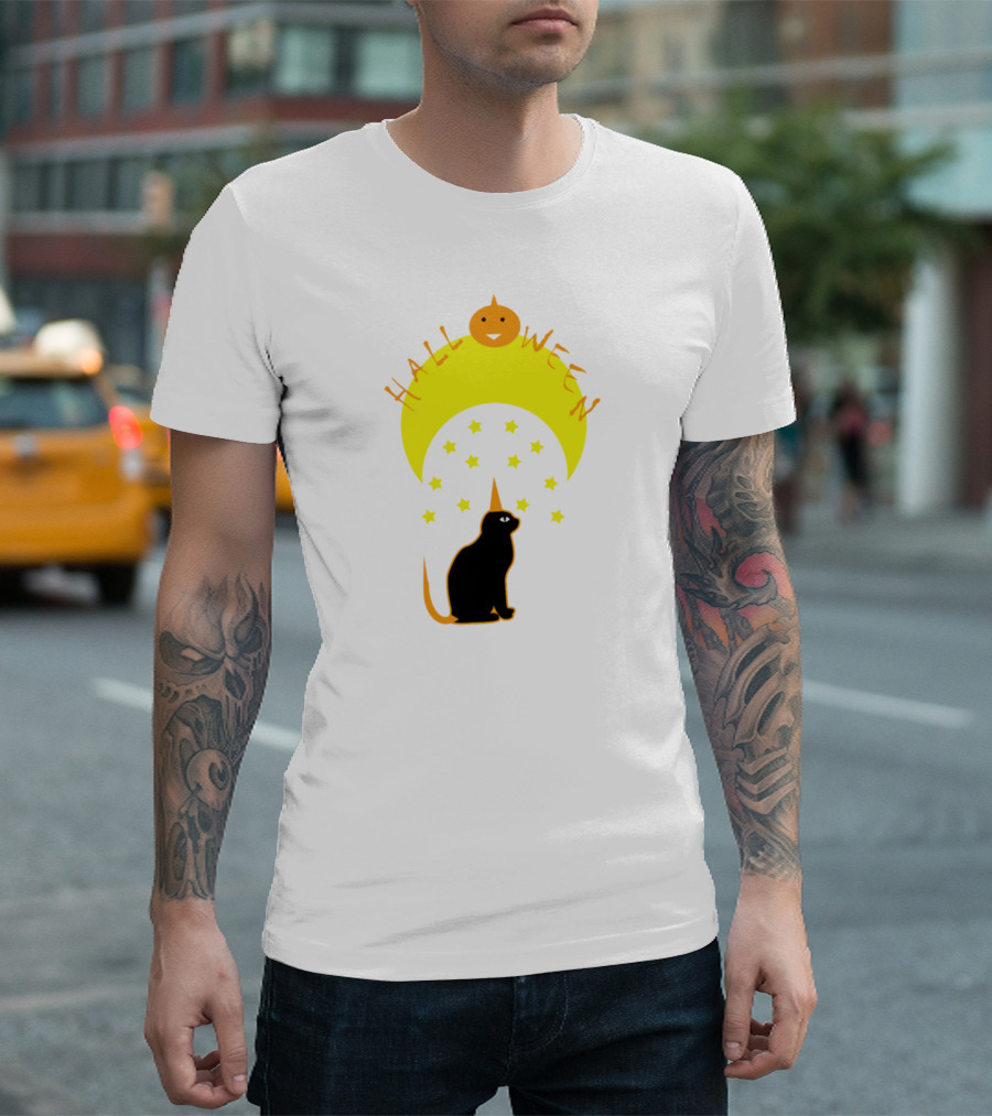 Halloween Night Moon Cat Pumpkin Stars T-Shirt
