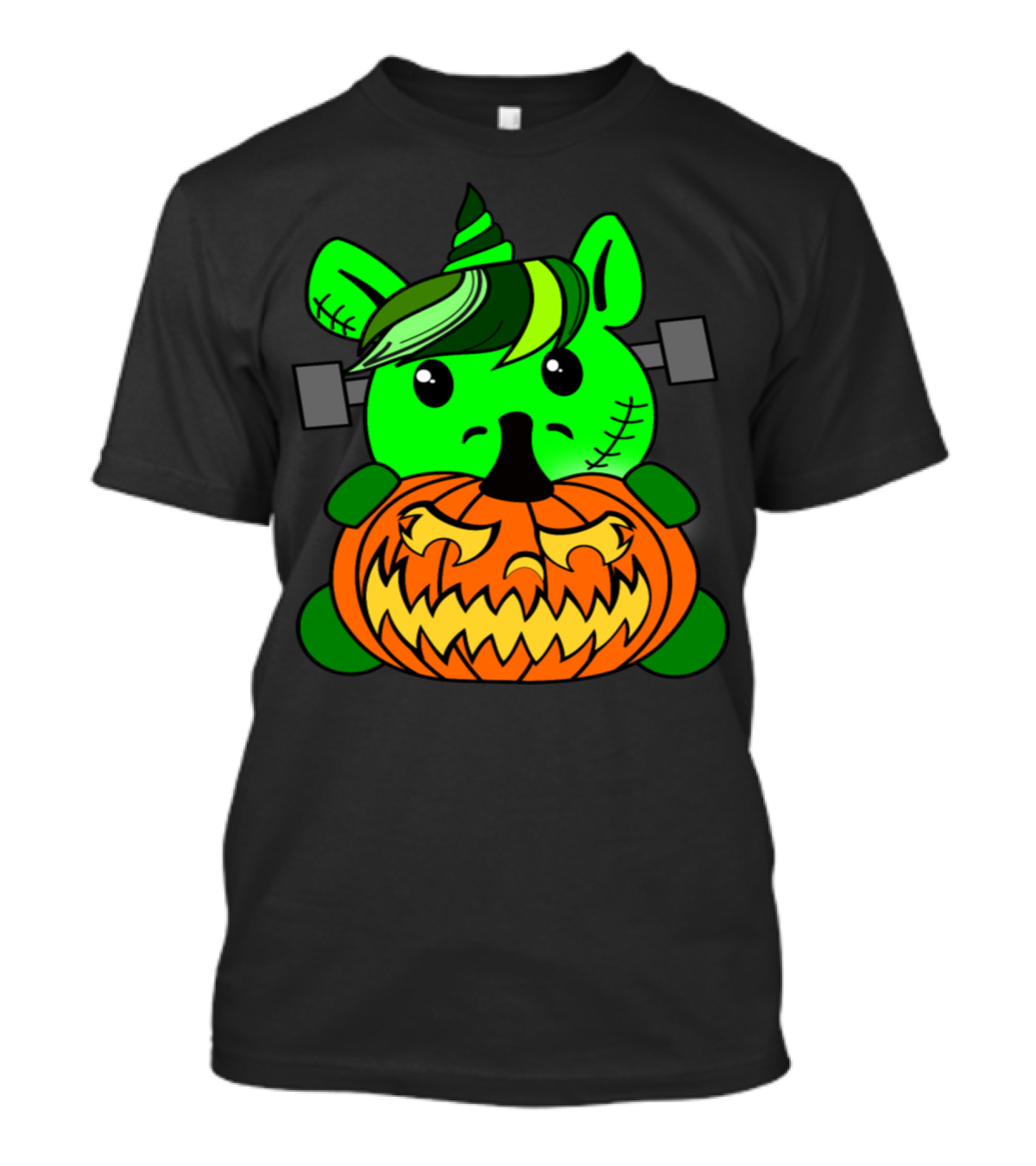 Frankenhorn Halloween Pumpkin Green Unicorn Creature With Stitch Marks And Spooky Expression T-Shirt