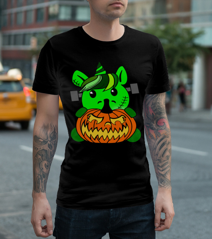 Frankenhorn Halloween Pumpkin Green Unicorn Creature With Stitch Marks And Spooky Expression T-Shirt