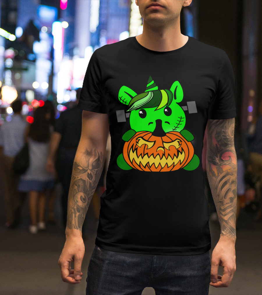 Frankenhorn Halloween Pumpkin Green Unicorn Creature With Stitch Marks And Spooky Expression T-Shirt
