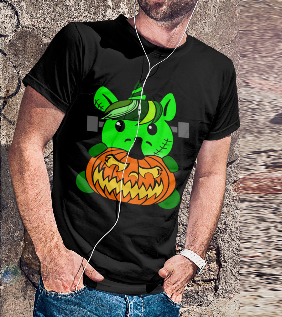 Frankenhorn Halloween Pumpkin Green Unicorn Creature With Stitch Marks And Spooky Expression T-Shirt