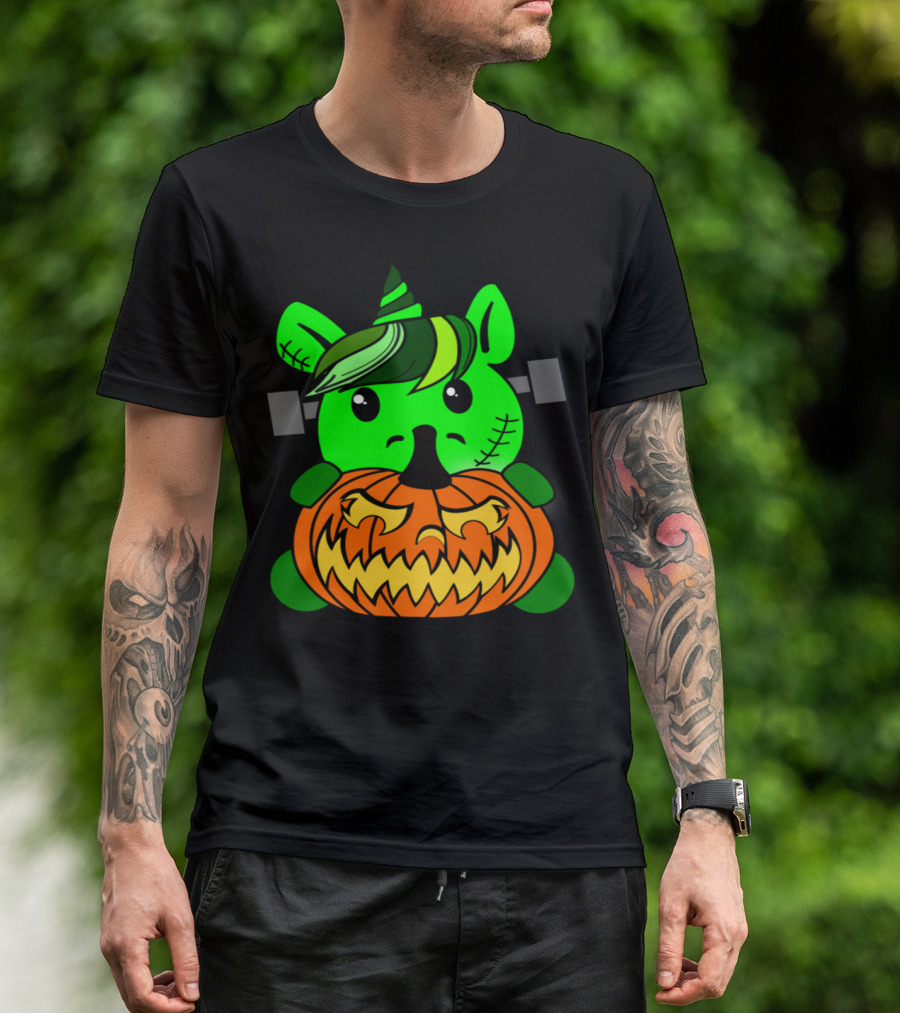 Frankenhorn Halloween Pumpkin Green Unicorn Creature With Stitch Marks And Spooky Expression T-Shirt