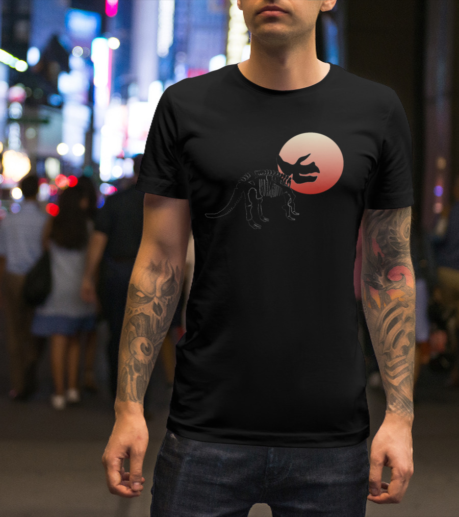 Triceratops Skeleton Dinosaur Silhouette Against Sunset T-Shirt