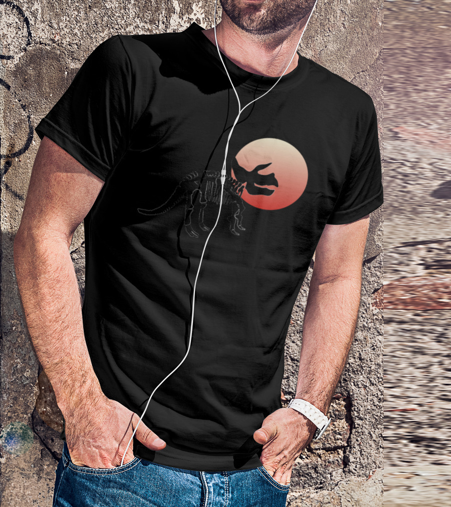 Triceratops Skeleton Dinosaur Silhouette Against Sunset T-Shirt