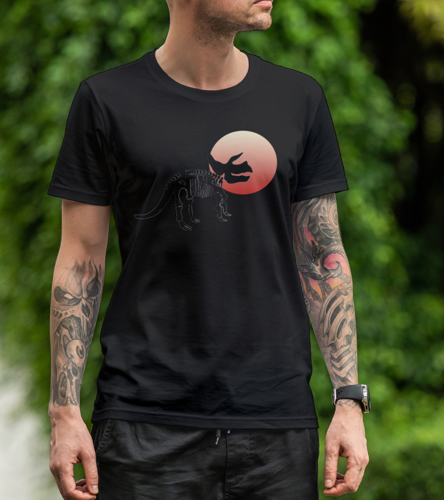 Triceratops Skeleton Dinosaur Silhouette Against Sunset T-Shirt