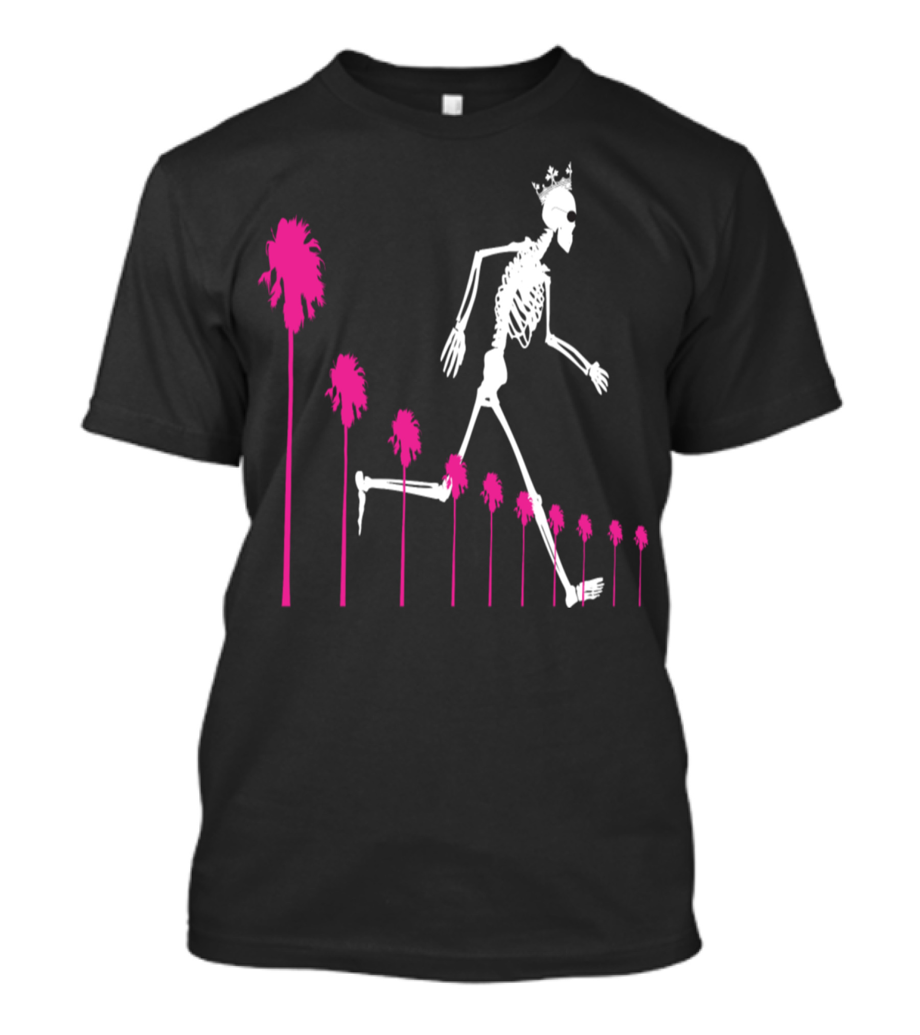 Skeleton Striding Amongst Vibrant Pink Palms With Crown T-Shirt