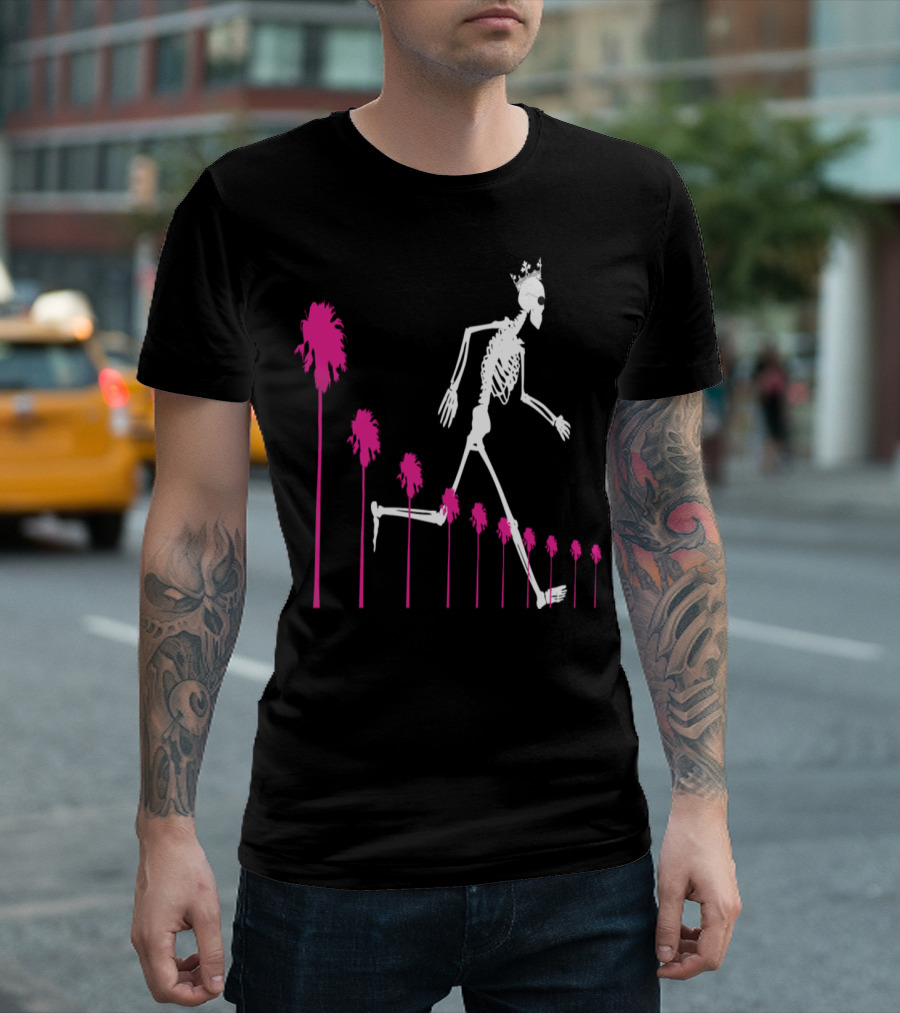 Skeleton Striding Amongst Vibrant Pink Palms With Crown T-Shirt