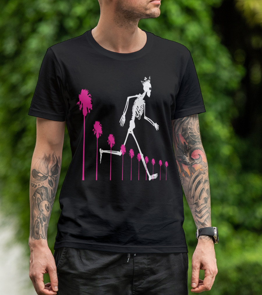 Skeleton Striding Amongst Vibrant Pink Palms With Crown T-Shirt