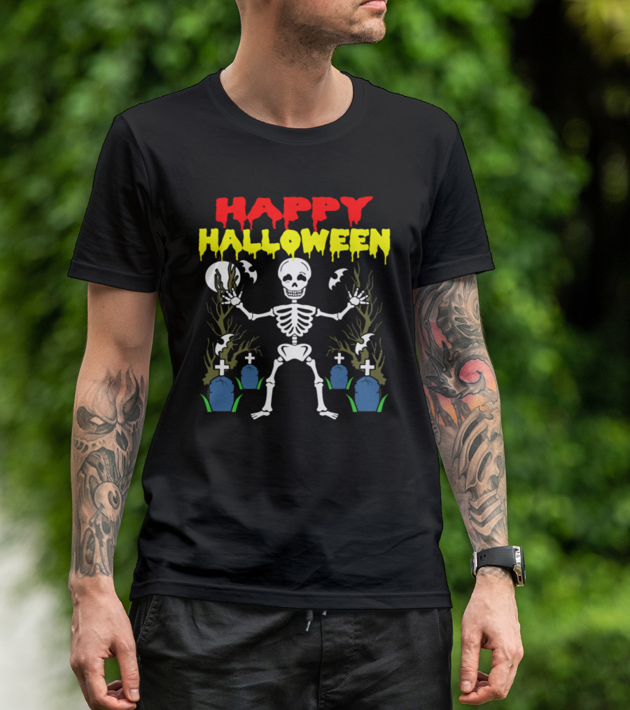 Happy Halloween Skeleton With Bats And Gravestones T-Shirt