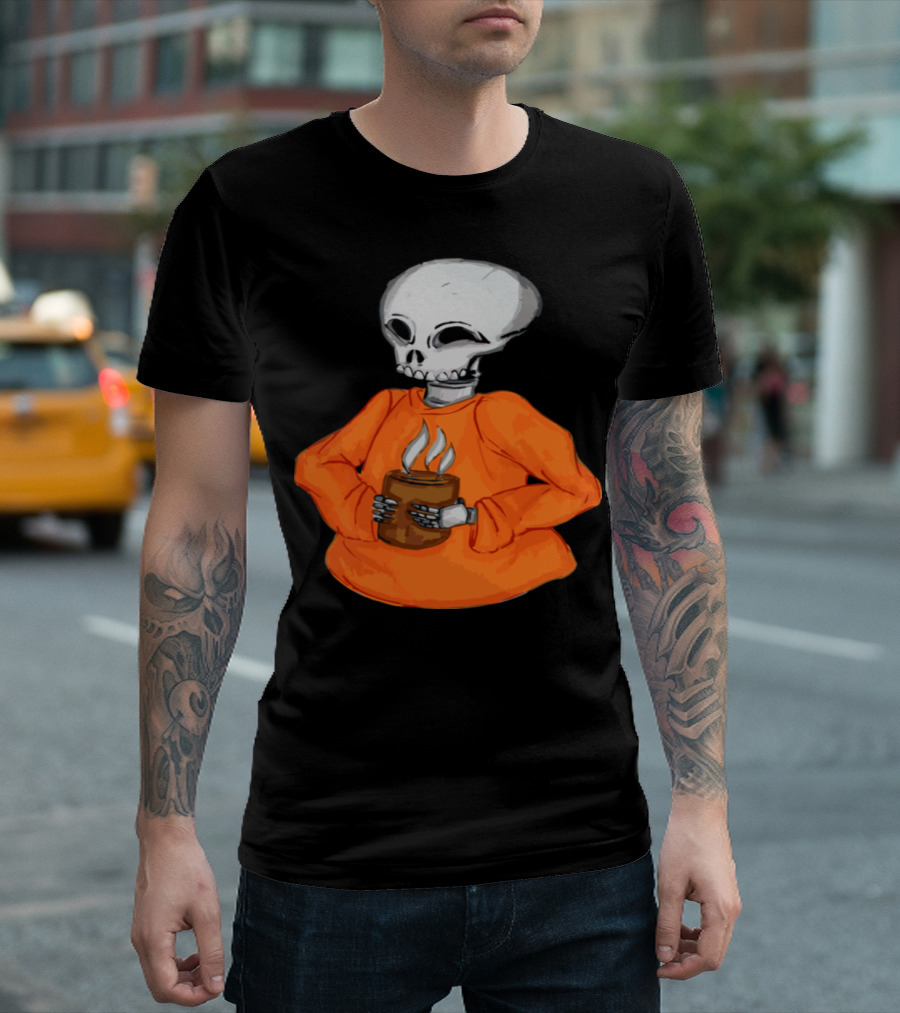 Skeleton Holding a Steaming Hot Drink in Orange T-Shirt