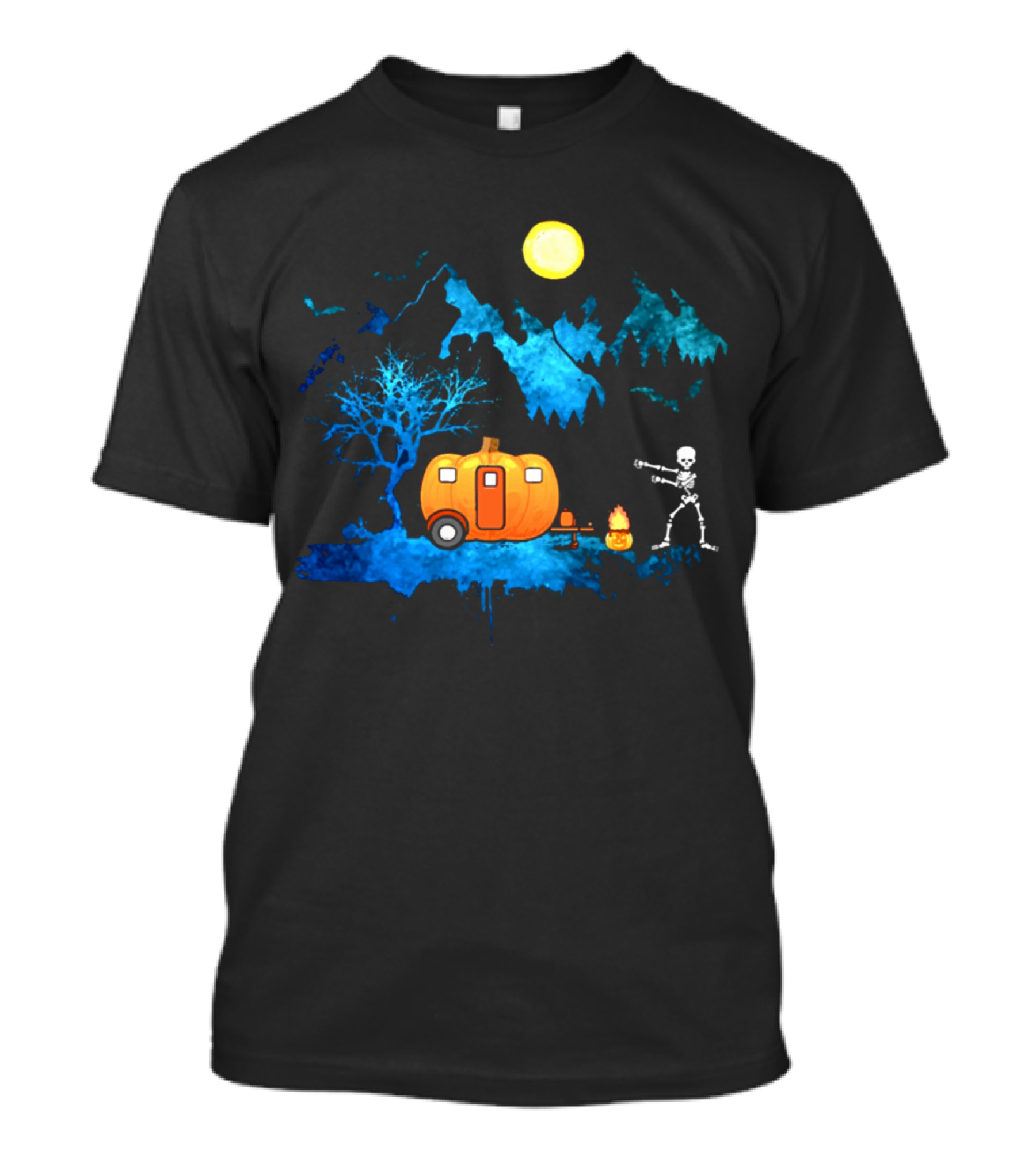 Halloween Skeleton Camping With Pumpkin Camper Under Full Moon T-Shirt