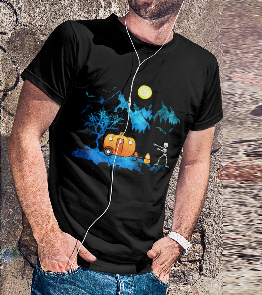 Halloween Skeleton Camping With Pumpkin Camper Under Full Moon T-Shirt
