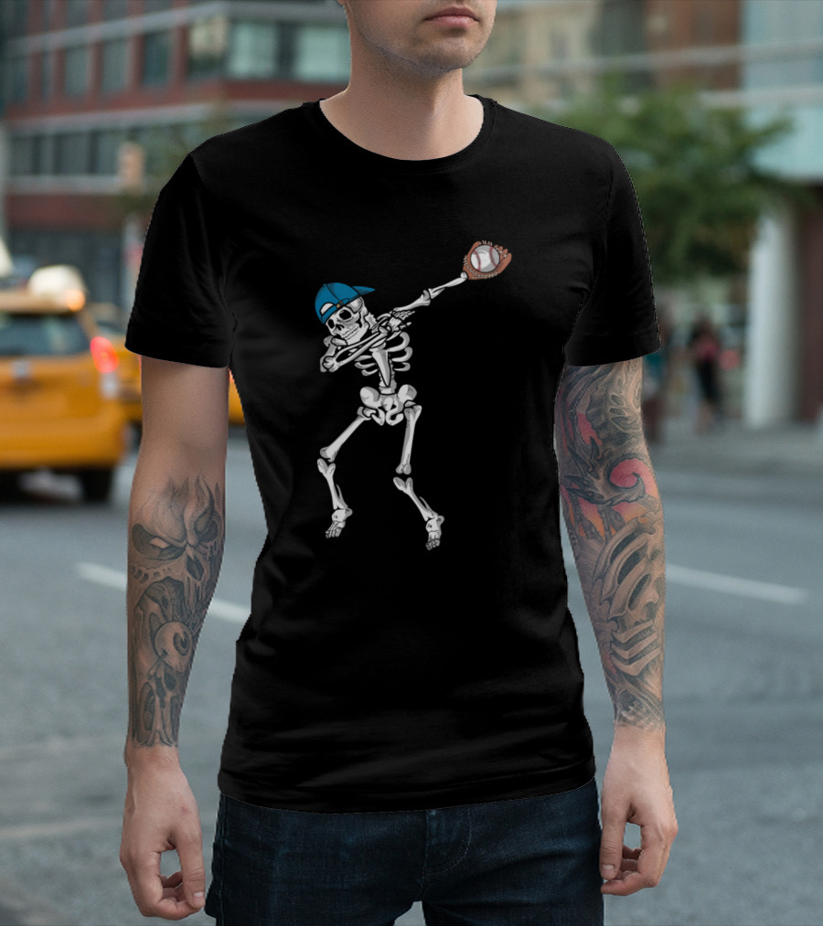 Dabbing Skeleton Baseball Halloween Skeleton with Cap and Mitt T-Shirt