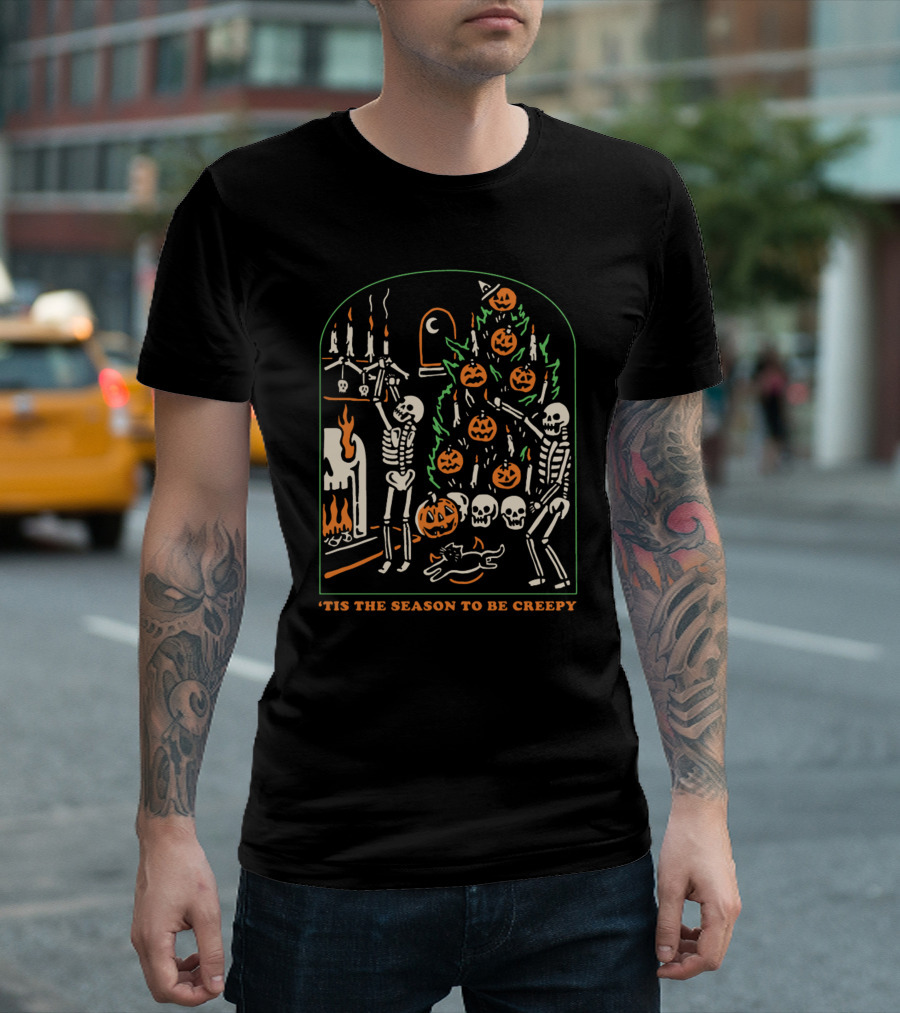 'Tis The Season To Be Creepy Skeletons Decorating with Pumpkins and Skulls T-Shirt