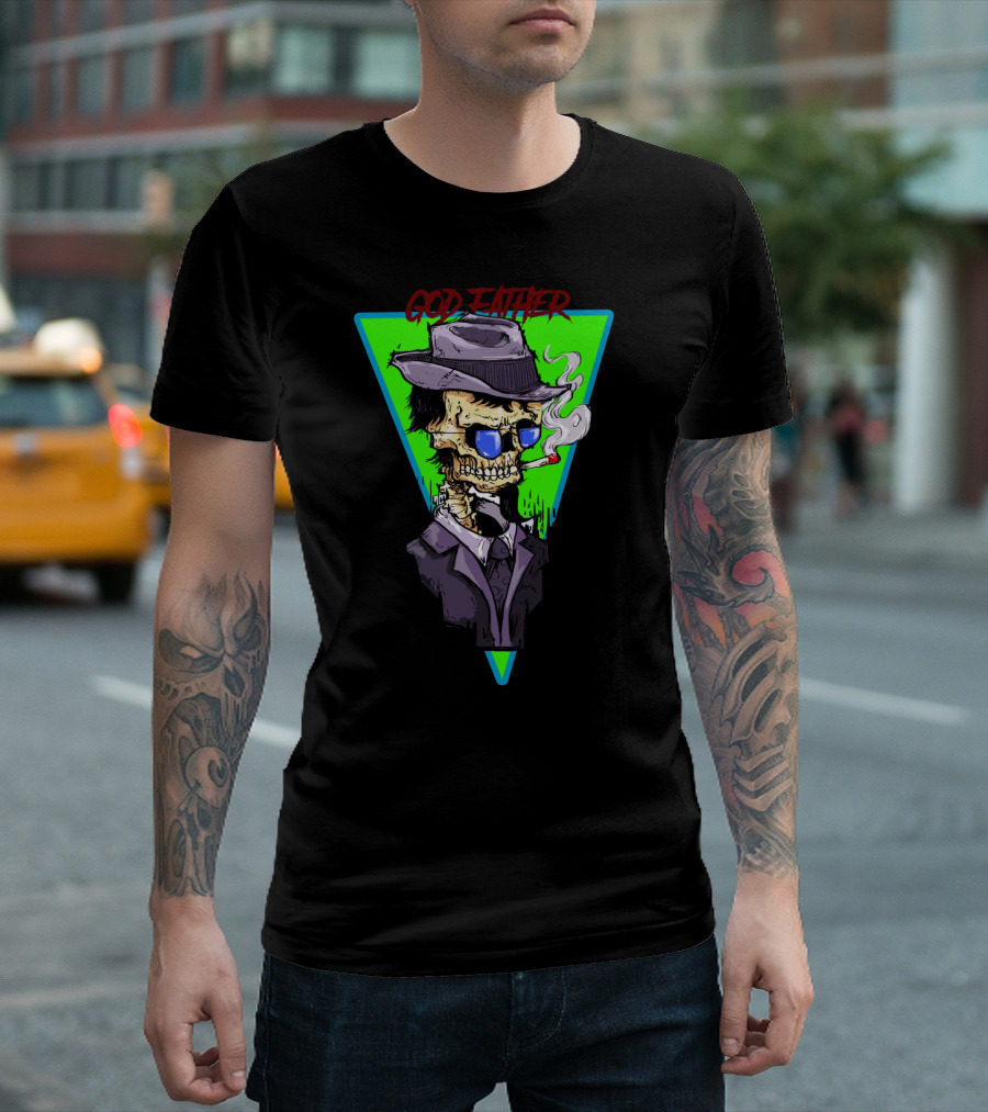 God Father Skull Smoking In Hat And Suit With Vintage T-Shirt