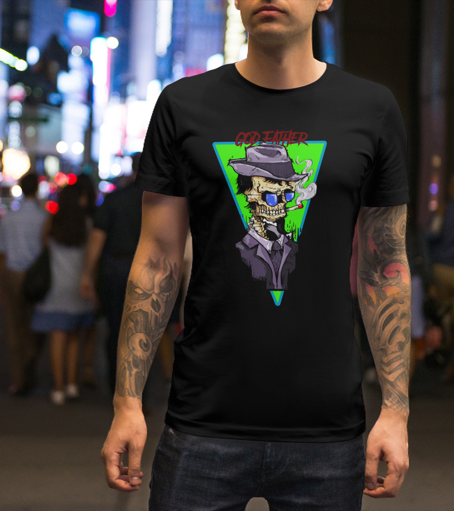 God Father Skull Smoking In Hat And Suit With Vintage T-Shirt
