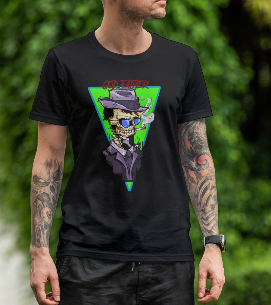 God Father Skull Smoking In Hat And Suit With Vintage T-Shirt