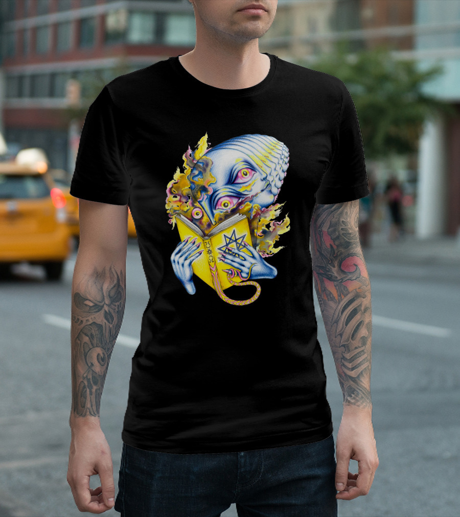 Ancient Knowledge - Surreal Alien Reading Mystical Book with Enigmatic Symbol and Flaming Eyes T-Shirt
