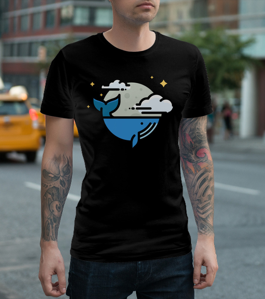 One Tail of a Whale Moonlit Night Scene with Stars and Clouds T-Shirt