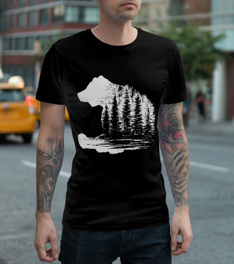Bear Silhouette with Forest Scene in Deep in Thought White T-Shirt