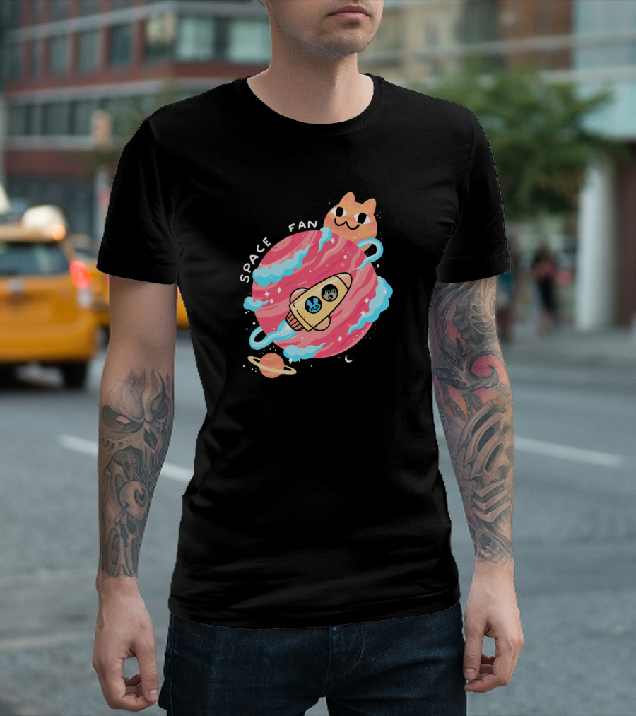 SPACE FAN Cute Cat and Rocket on Colorful Planet Adventure T-Shirt