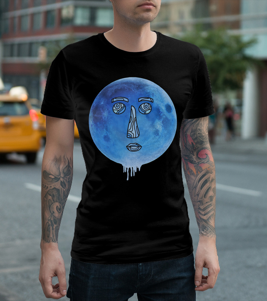 Blue Moon Face Line Art Dripping Effect T-Shirt