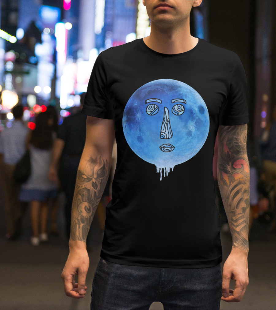 Blue Moon Face Line Art Dripping Effect T-Shirt