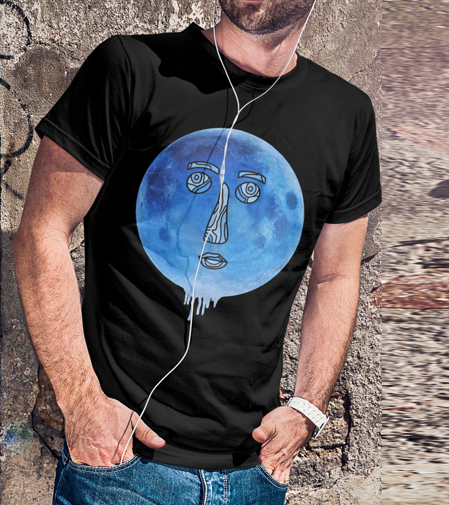 Blue Moon Face Line Art Dripping Effect T-Shirt