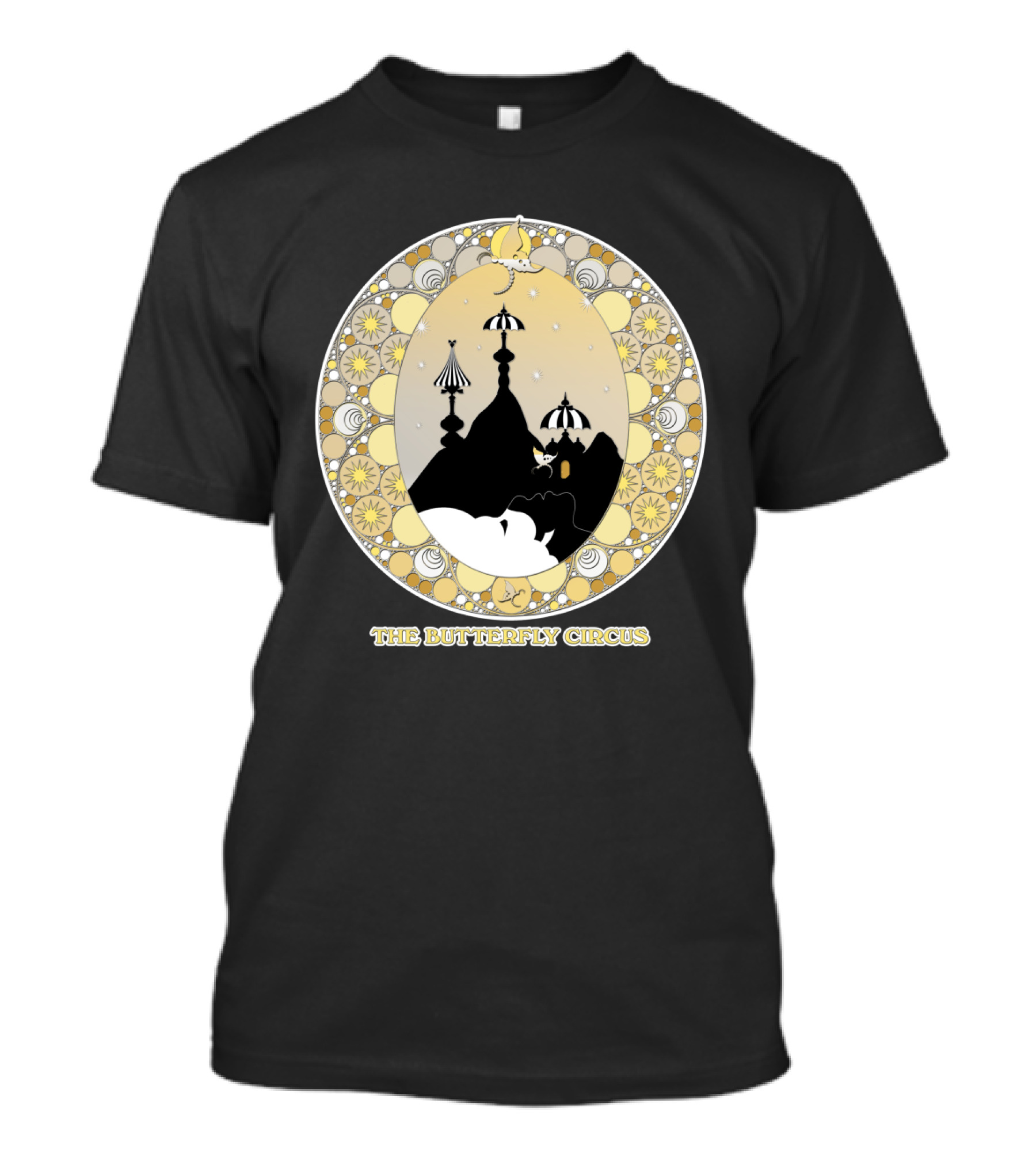 The Butterfly Circus Lenormand Mountain Silhouette With Umbrella Motifs And Ornate Circular Border T-Shirt