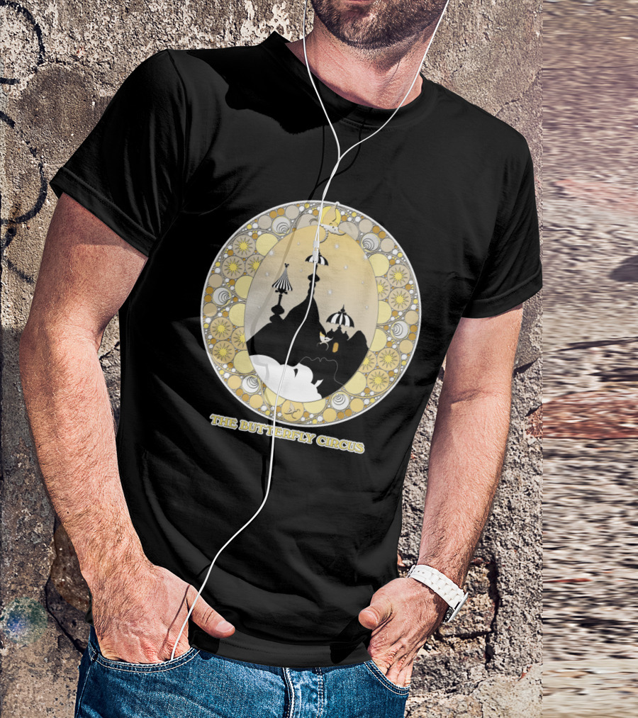 The Butterfly Circus Lenormand Mountain Silhouette With Umbrella Motifs And Ornate Circular Border T-Shirt