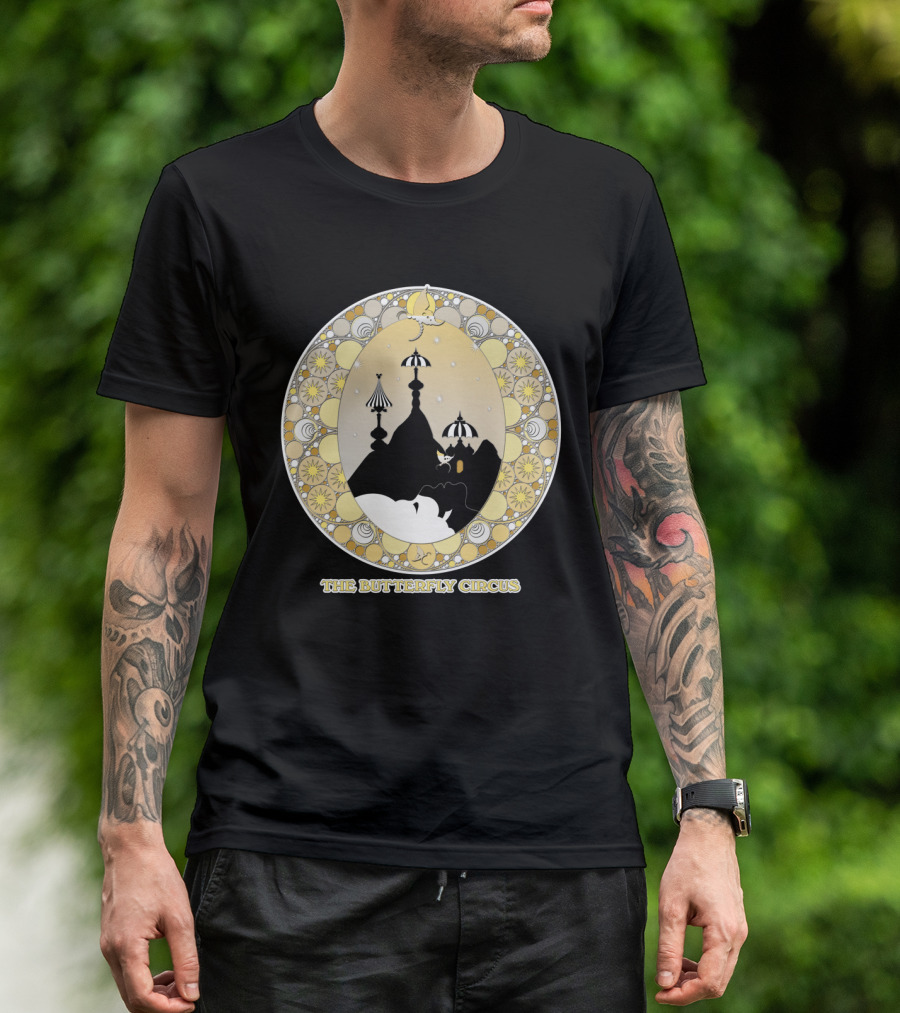 The Butterfly Circus Lenormand Mountain Silhouette With Umbrella Motifs And Ornate Circular Border T-Shirt
