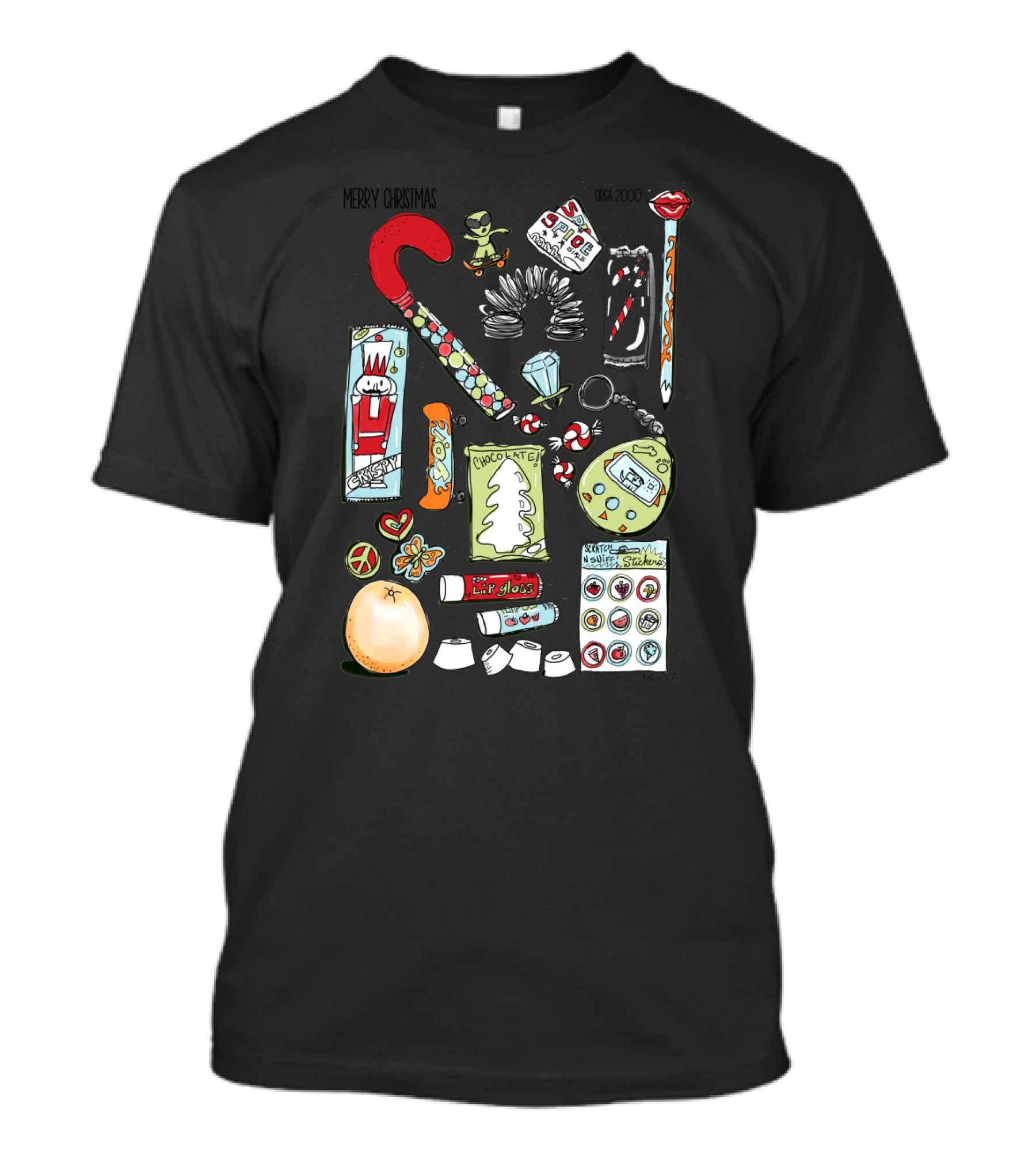 Merry Christmas Circa 2000: Tamagotchi, Lip Gloss, Chocolate, Candy Canes, Stickers, And Holiday Treats T-Shirt