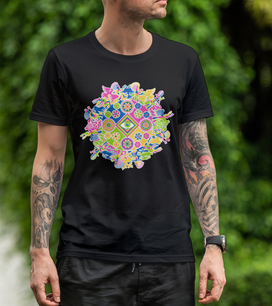 Psychedelic Vision Quest Mandala With All-Seeing Eye And Colorful Animal Spirits T-Shirt