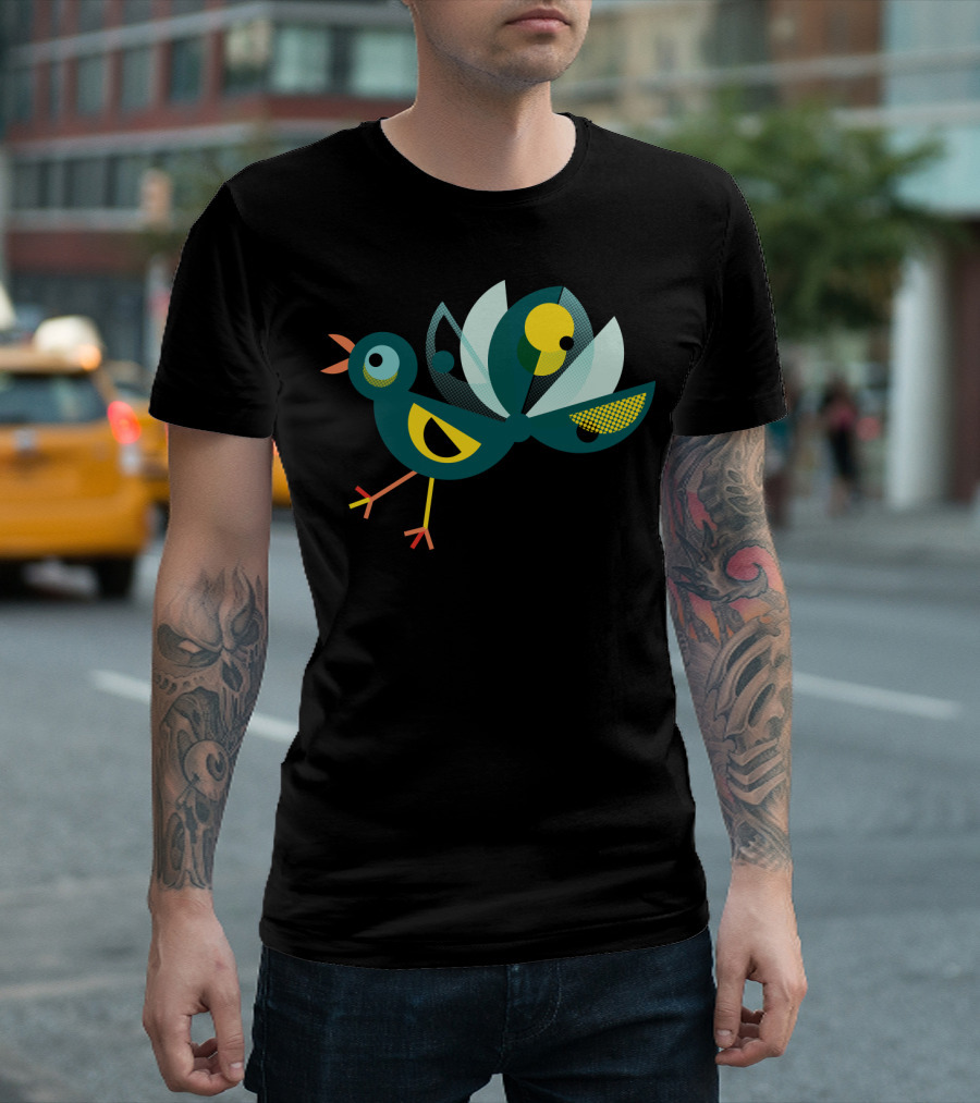 Stylized Geometric ModBird With Colorful Retro T-Shirt